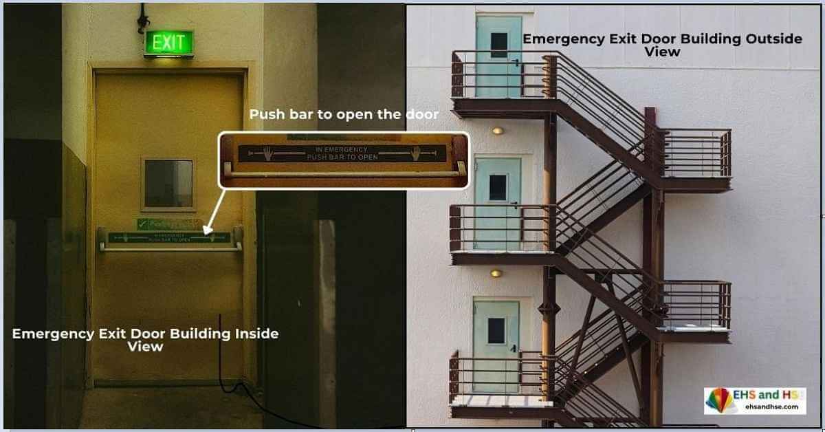 Emergency Exit Door inside and outside view.